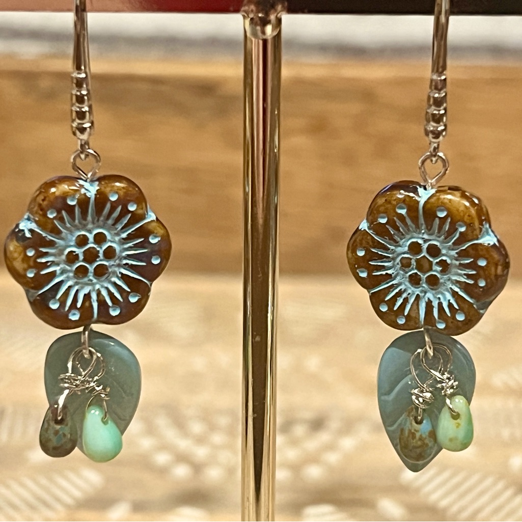 New Lovely Czech Antiqued Glass Blue Flower Earrings